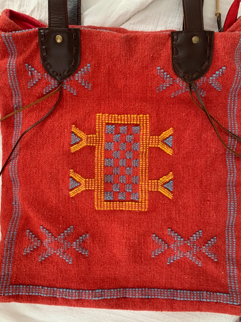 Scully Embroidered Red Tote Handbag with Leather Handle Straps